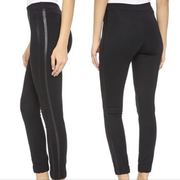 Spanx Ponte black pants size xl cropped faux leather stripe track jogger legging - Picture 1 of 9